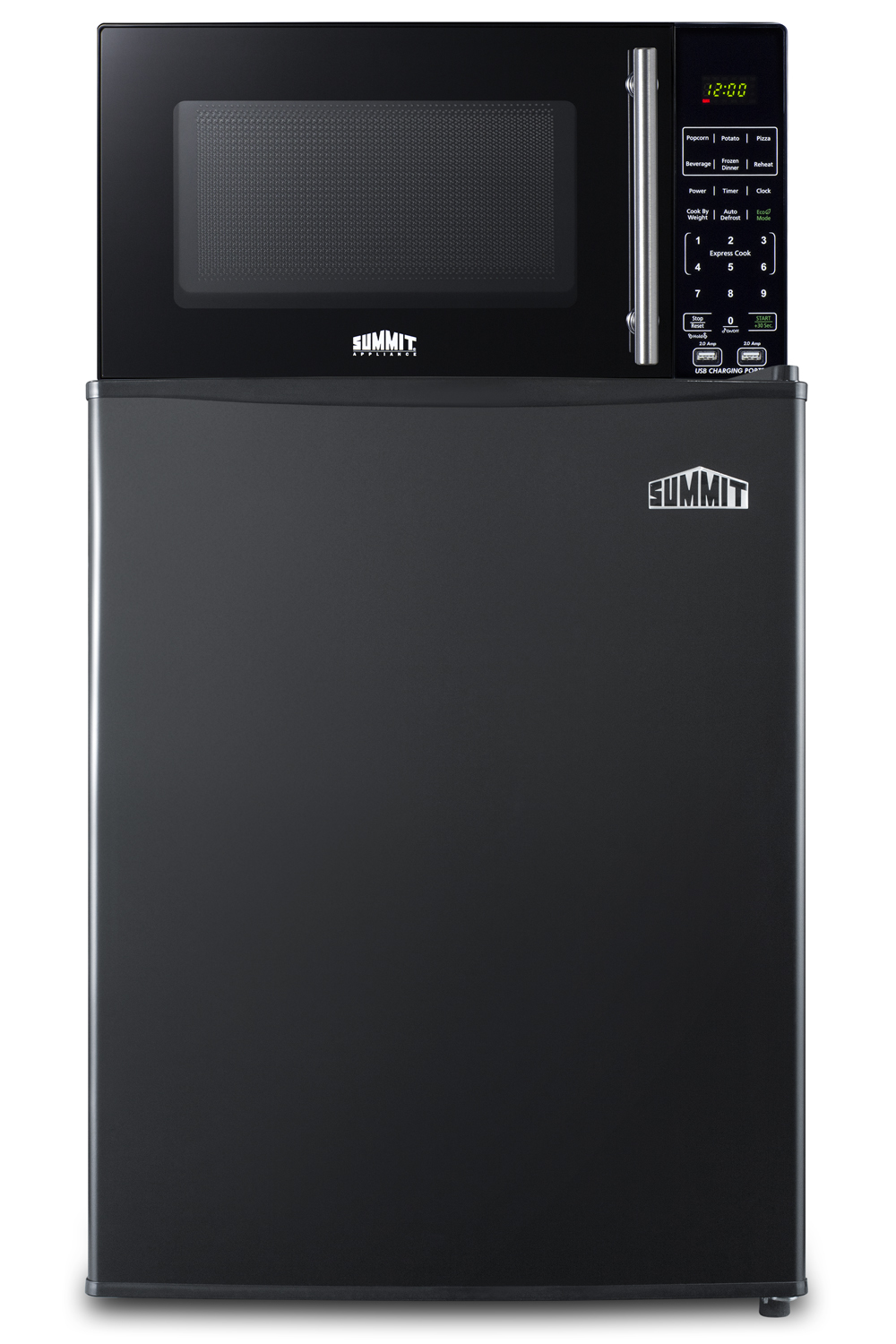 Compact all-refrigerator and microwave in black with allocator and USB ports for 1-plug operation; ships in three boxes on one pallet